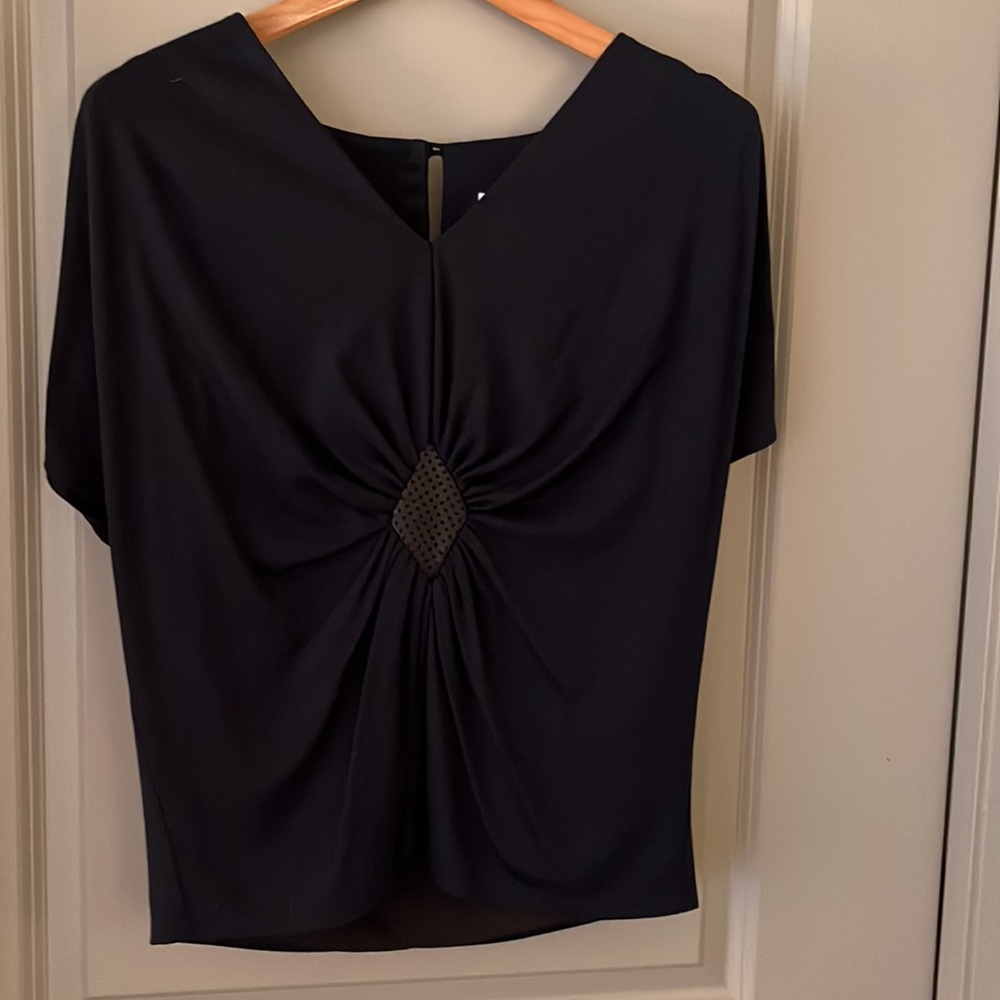 Julie Haus navy top with black perforated faux leather center. Size Small